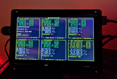 Command line application with green and yellow text displayed on a black background. There are 3x2 boxes set up on the screen displaying current temp, humidity etc for local weather nd various environmental monitoring devices run by RaspberryPi Zeros. 