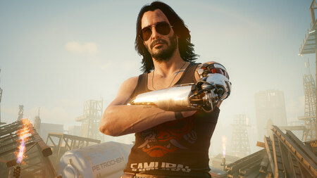 Hero shot of Keanu Reeves as Johnny Silverhand, looking at the camera with his arms crossed. Featuring Johnny's armored vest and silver cybernetic arm.